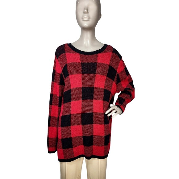 Grunge RED/BLK Buffalo Plaid Check Knit Flannel Pullover Basic Fall Sweater - Picture 5 of 7